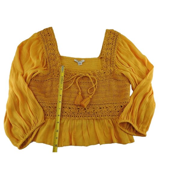American Eagle Mustard Crochet Peasant Blouse Boho Festival Top Size Medium - Picture 6 of 9